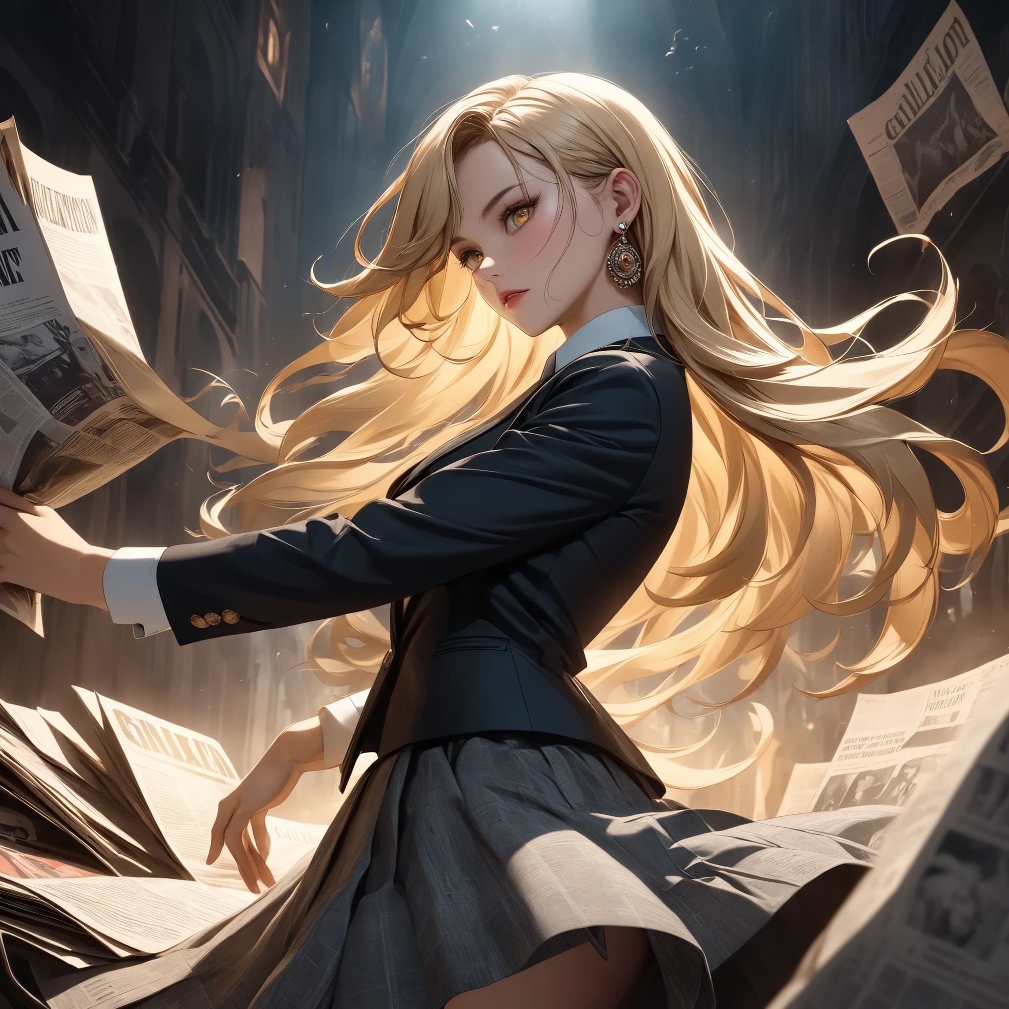 ((extreme quality)), ((Masterpiece)), ((Enrich the picture，Masterpiece level quality)), blonde hair, long hair, , golden eyes, fierce woman, ultra eyes details, RAW 4K, Realistically , ((great effect to highlight the subject)) , ( cinematic lighting, moody, textile shading), perfect proportions, ultra detailed, volumetric lighting, soft lighting, glossy skin, beautiful face, Special face details, strong emotions, elegant gesture, Detailed  features, Long eyelashes, contrast, Incredible atmosphere, Fascinating setting, Haunting beauty , ear rings, (( English newspaper [The Times], fashion pose, cool pose, vintage fashion, vintage shirt, vintage skirt, vintage suit, Retro Collage Revolution！Explode art that breaks common sense with magazine clippings and vintage materials, newspaper on the wall, wall background, a lot news paper,