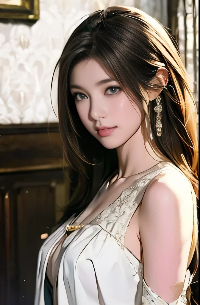 (Photoreal Stick:1.5, masutepiece:1.5, 8K), (top-quality, masterpiece, 超A high resolution), Highly detailed skin and facial texture:1.Professional camera work:1.3, Mystical portrait:1.3, Grow Light Effect, Cinematic Light, Perfect dynamic composition, The ultra-detailliert, Model body type, Clear face, Detailed hand, Beautiful and detailed eyes, Totally loves you:0.8, A mouthfeel that feels beautiful eros, V-neck shirt, Black Tailored Suit, Suit jacket, night view at night, Dark brown medium hair, Small breasts, a necklace, Close-up portrait
