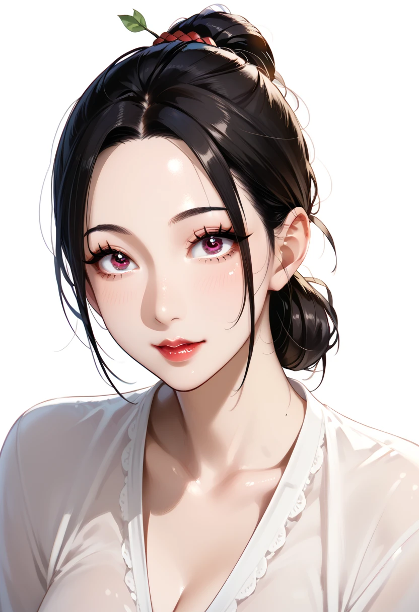 1 girl, alone, milf, tied hair, black hair, walnut eyes, thin eyes, Black eyeliner,