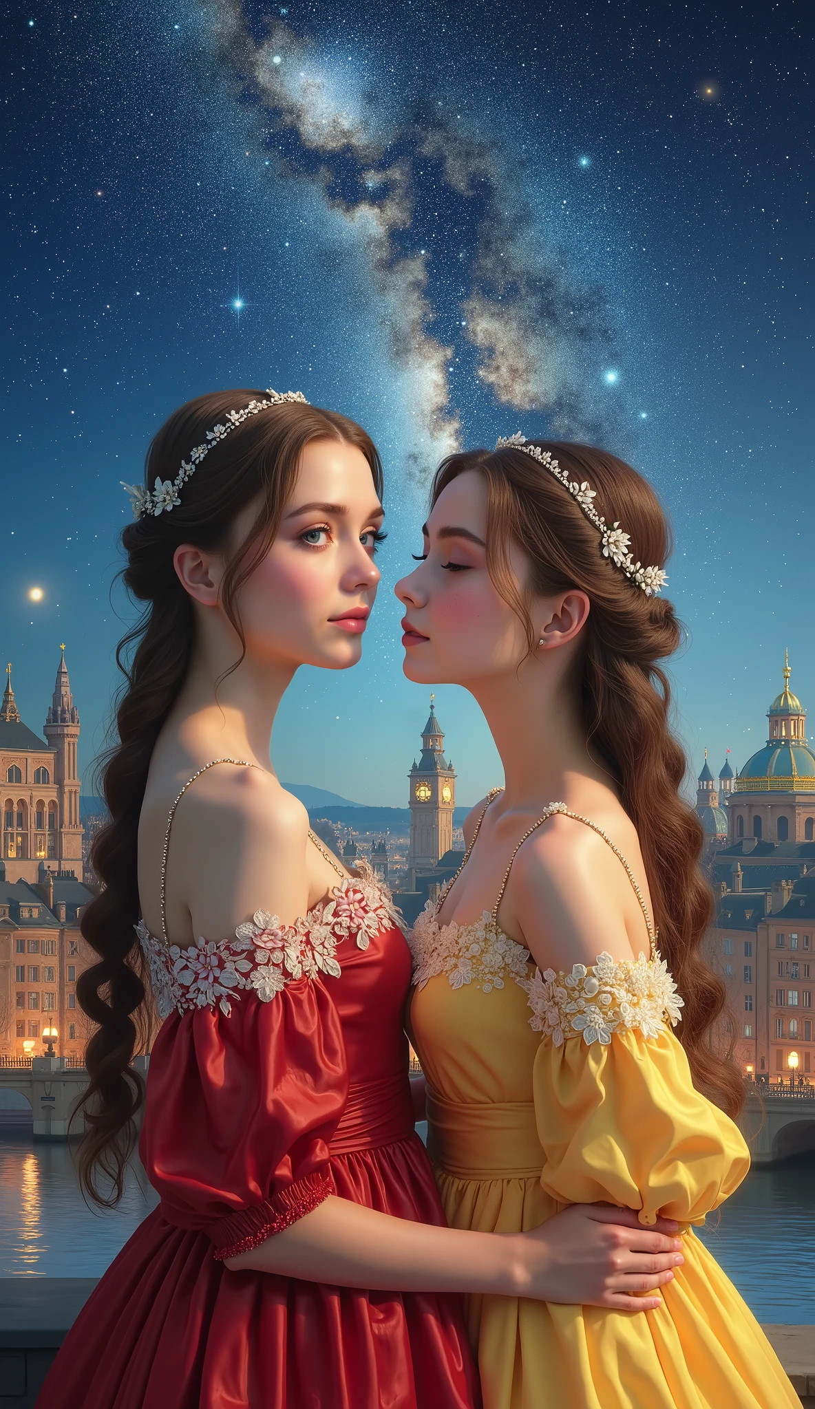 highdefinition images、night sky with a view of the Milky Way galaxy、oil、daughter of a famous medieval European family、top quality、shape、very detailed、finely、high resolution、8K wallpaper、ダイナミックなshape、 beautiful delicate eyes、natural lips、long eyelashes、濃い化粧、smile、take a picture of her in a red dress、 facial details 、Full body high definition image、full body high definition photo、camera、take a picture of her in a yellow dress{x}Take a picture of her back、in a dress、big view of medieval London、in background。