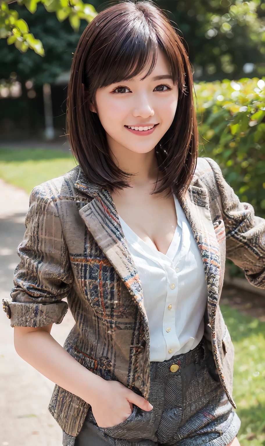 highest quality, masterpiece, ultra high resolution, (realistic:1.4), 20-year-old,1 girl,Super high quality,8k,thinウエスト,thin脚,thin and beautiful arms,beautiful fingers,Sare-eye makeup,thin,Medium chest,soft chest,(((High school bicycle storage))),high school uniform,Blazer uniform and ribbon miniskirt,Meeting after school,((Ponytail and Hair Tie)),((Bangs short hair)),realistic,picture media chest)),((toothy smile)),((big smile))