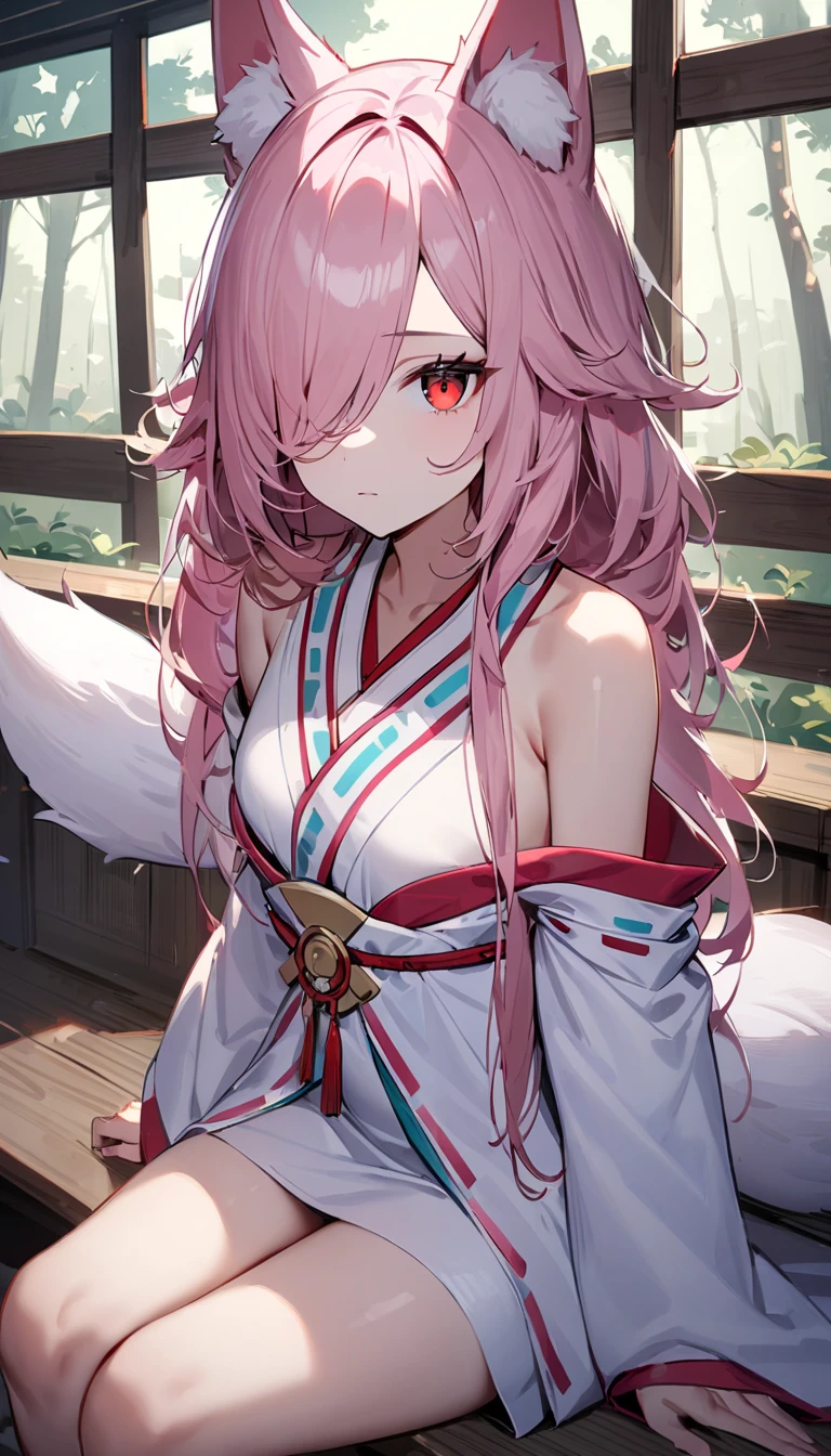 Shuna (tensura), One person, alone, Long Hair, Pink Hair, Demon Horns, Hair between the eyes, kimono, In the same way, Fantasy Town Temple