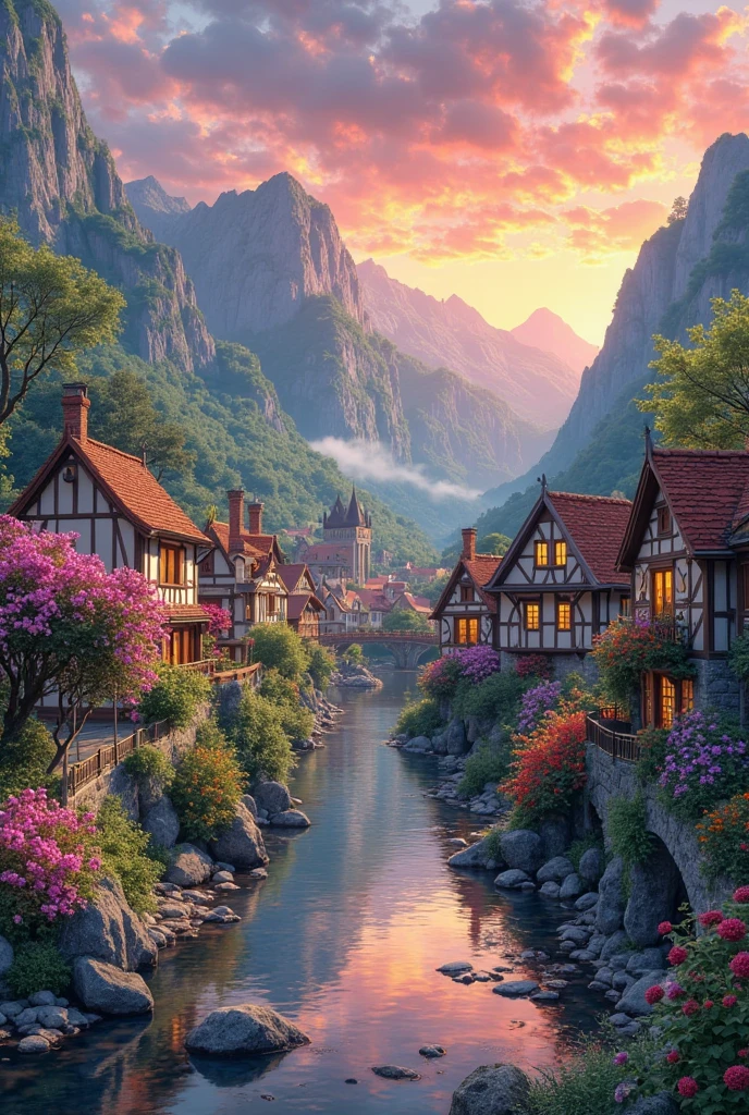 A small town by the river, mountains in the background, colorful floral flowers, detailed landscape, beautiful natural landscapes, atmospheric lighting, scorching sunset, warm colors, practical, photographic, detailed foliage, complex buildings, cobblestone street, charming country house, vibrant colors, lush vegetation, reflections in the water,  picturesque, idyllic, artwork, best quality, 8K, extremely detailed, anime style