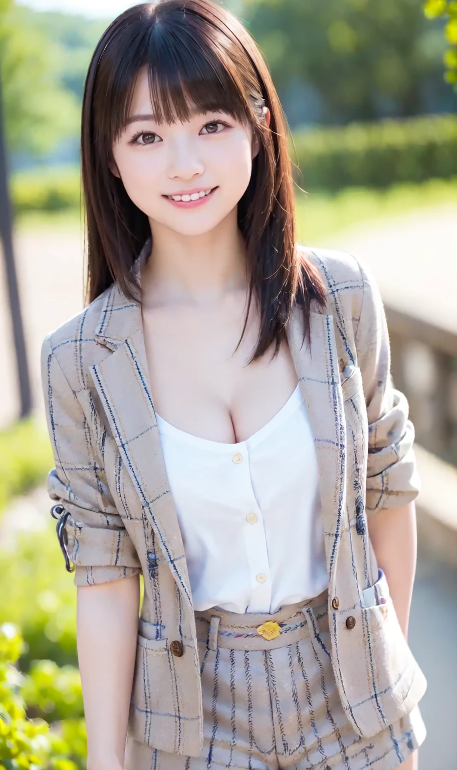 1 girl, 26 years old, lips, lipstick, skirt, realistic, skirt, knit, feminine, alone, Are standing, highest quality, photorealistic, masterpiece, 8K, High resolution, alone, (woman)))), (small breasts: 1), (((looking at the viewer)), (look at the camera), (short hair), (professional lighting, Bokeh), Angle from above, highly detailed face, Fashionable and trendy atmosphere, Day本, street, garden, cherry blossoms, (((Day)), (portrait: 0.6), enchanting smile, gorgeous floating hair, (particles of light, Lens flare, shining particles: 0.6), (dynamic pose: 1.2), soft lighting, brown hair, full body, thin face,