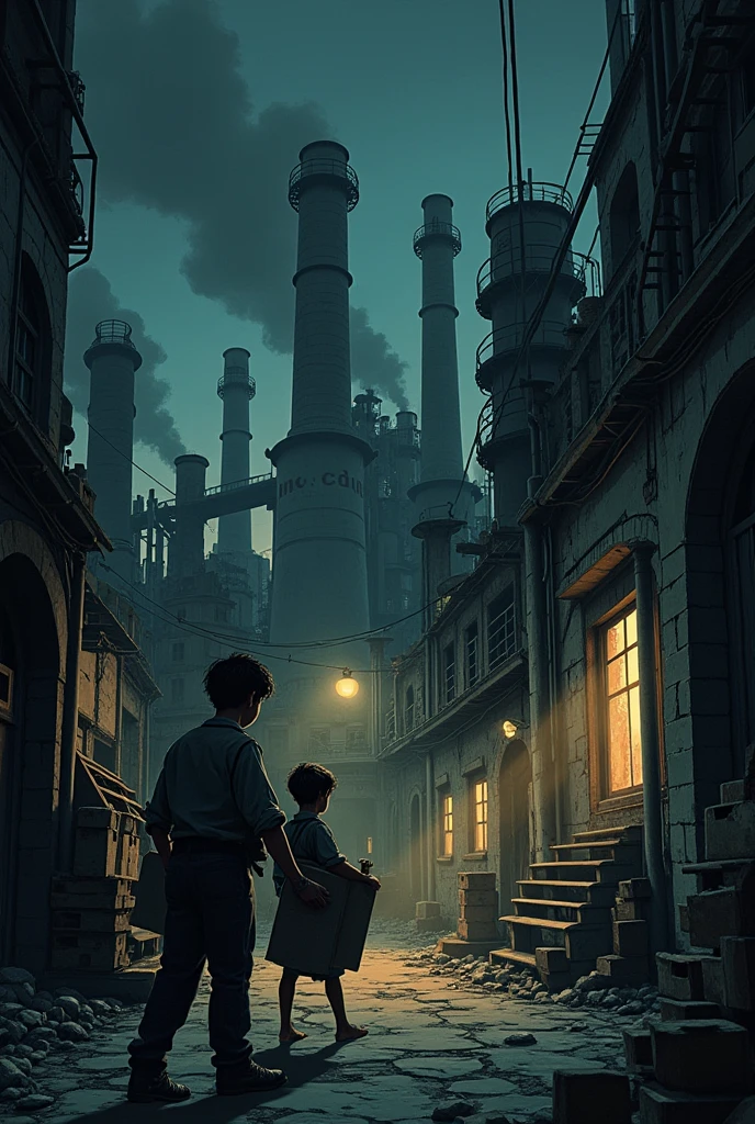 A dark factory, with thick smoke coming out of the chimneys. inside, workers (ren and adults) they are operating heavy and dangerous machinery.  hand touching ?????? , with dim lights coming from dirty windows. a boy named Tomás,  for about s , is carrying heavy boxes.  In the background, un capataz con látigo vigila a los workers, showing a stern expression. Picture stop a comic 