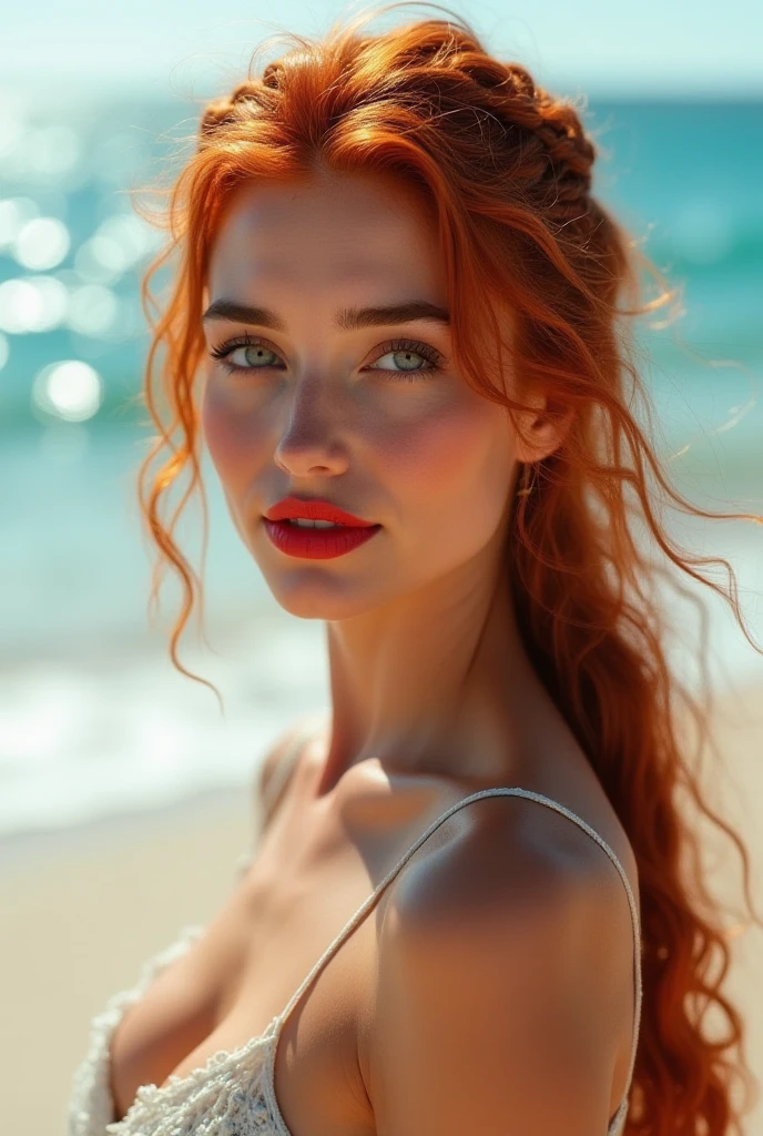woman sexy breast niple red hair long bikini blue eye brunette red lips transparent dress