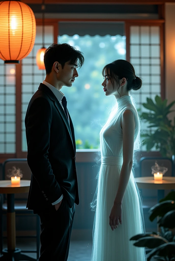 a chic, talking to a ghost, impressed in Japan, In the cafeteria at night