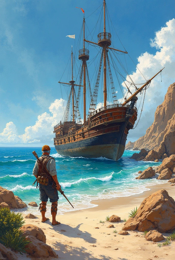 depict a desert island, a ship that ran aground after a storm. a captain who repairs it. the picture is painted with watercolours in a wet-on-wet style