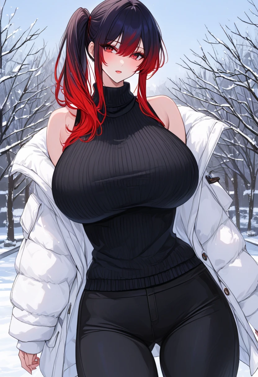 Masterpiece, top quality, 4K UHD,
1 girl, 1 man, a small lumberjack man with scruffy beard and hat observing a much taller woman, with ample cleavage, slim waist and protruding belly, voluptuous derriere, wearing a tight black mini dress,
walking through a forest, snow covering pine trees, crisp winter air,
realistic, serene, peaceful scenery,
wintry day, sun setting behind the trees, orange and pink hues,
large evergreens, their needles glistening in the sunbeams,
man admiring woman's curves, mesmerized,
woman'