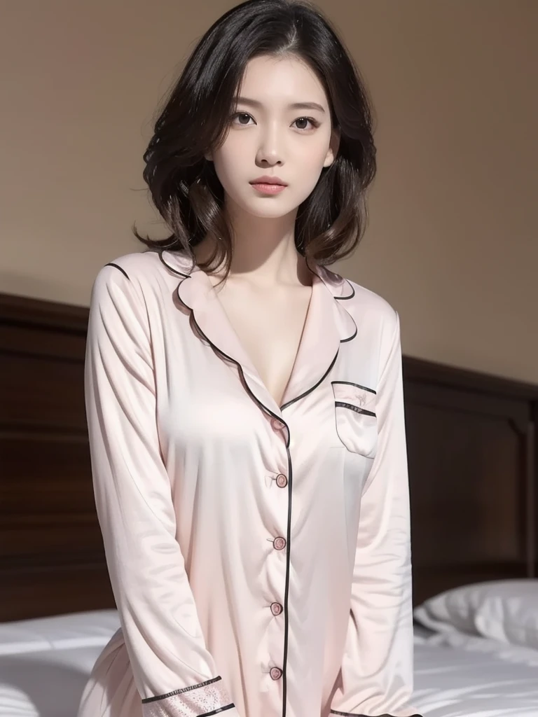 realistic photos of 1 cute Korean star, medium hair, hair flying, white skin, thin makeup, 32 inch breasts size, slightly smile, wearing silk pyjamas, in front of wardrobe, close-up, portrait, Abstract expressionism, UHD