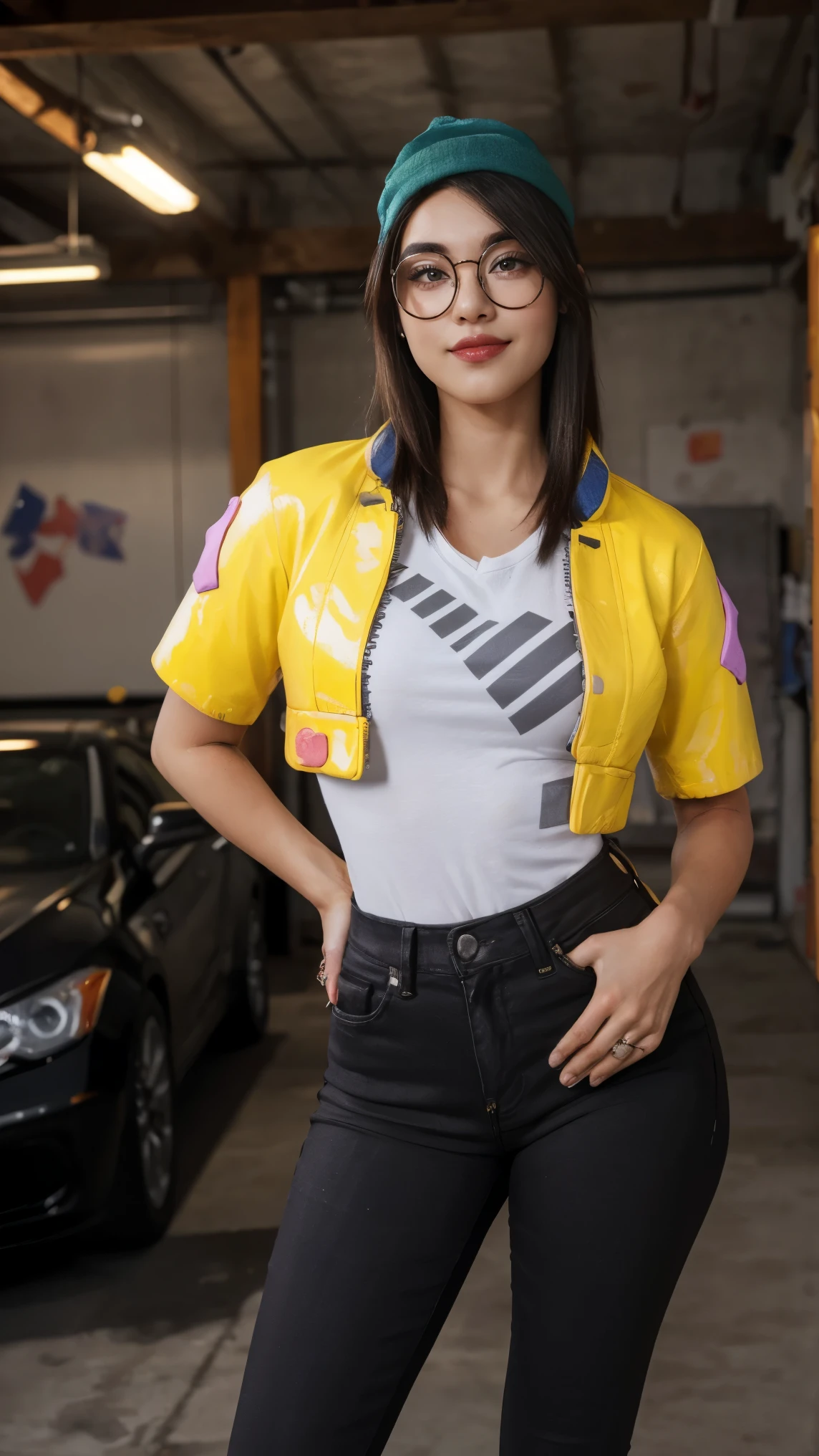 (masterpiece), best quality, expressive eyes, 8K, HD, perfect face, Turkish germanic girl, smoked eyes, brunette hair, brown eyes,(high quality eyes), streak hair, indoors, yellow latex jacket, looking at viewer, wc, collarbone, cold temperatures, valorant, exhibitionism, killjoy shirt, smiling, ((((craft))), garage, slim body, pov, circle glasses, short sleeves shirt, 1girl, ((puckered lips pose)), brunette, beanie
