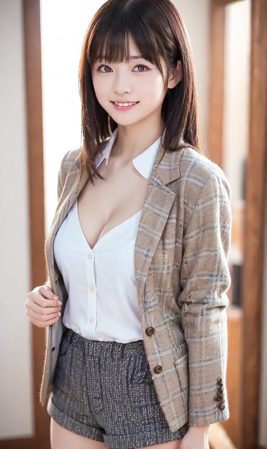 (masterpiece:1.2, Highest quality), (Realistic, photoRealistic:1.4), Beautiful illustrations, (Natural Side Lighting, Cinema Lighting),
View your viewers, (breast focus), (From above:1.1), close, 1 female, Japanese, 22 years old, High School Teacher, Perfect Face, Cute and symmetrical face, Shiny skin, Baby Face,
(Long Hair, Half Up, Dark brown hair), Swept-apart bangs, Maroon eyes, (Middle chest, Captivating thighs, Big Ass), Earrings,
Beautiful Hair, Beautiful Face, Beautiful attention to detail, Beautiful clavicle, Beautiful body, Beautiful breasts, Beautiful thighs, Beautiful feet, Beautiful fingers,
((Grey jacket, ジャケットをclose, Grey tight skirt, White collared shirt), Brown pantyhose), Purple neck ribbon,
(Beautiful views), summer, evening, (office:1.2), Are standing, Leaning forward, (Cute smile, Upward glance),