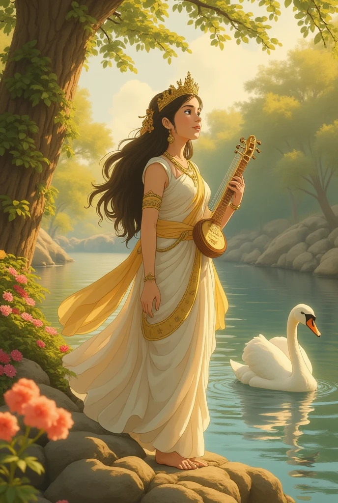 Ultra high definition, magical creature scene set by a serene riverside, where a beautiful goddess—Goddess Saraswati—stands in divine grace. She wears a flowing white and golden saree with a fully aesthetic, intricately embroidered blouse, a delicate crown adorning her head, and a radiant divine light aura glowing behind her. She holds a shimmering veena, her posture poised and graceful as celestial melodies seem to echo through the air.

The atmosphere is peaceful and enchanting. The river sparkles with magical light, surrounded by seven-colored flowers blooming in a soft, balanced pink-toned flower field. Lush vines wrap around shadow-kissed trees, and the air shimmers with cool colors and digital fantasy realism.

A majestic, beautiful swan floats in the river, pondering quietly, its feathers glistening like pearls. The entire scene blends CG society trend with digital fantasy realism—ultra sharp 8k octane rendering, intricate design, magical atmosphere, and wondrous vibes. No humans appear except the goddess—pure serenity, divine wisdom, and harmony captured in the world's most stunning artwork. (((Perfect veena))) (((perfect golden crown))) 