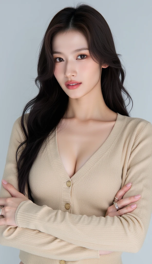 masterpiece, best quality, ultra high resolution (realism: 1.4), original photo, 35mm lens., F1 aperture.4, movie poster, light and shadow, female, a white cardigan, The cleavage is visible, long black hair, real skin, (skin detail: 1.3),