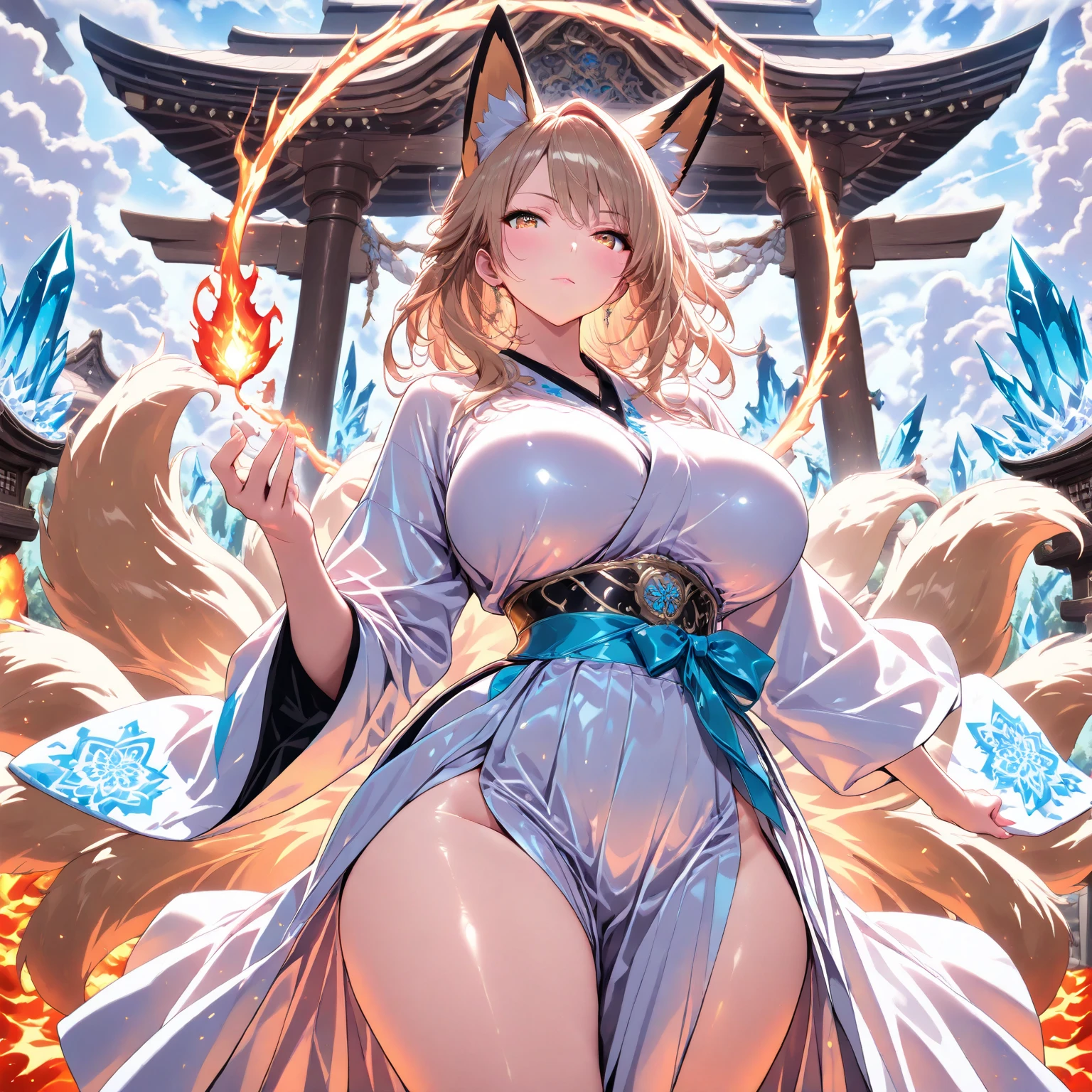 masterpiece, best quality, highly detailed, 1girl, solo, (:3:0.9), animal ear fluff, animal ears, orange hair, fluffy hair, blush, brown eyes, flower, fox ears, fox girl, gradient, gradient background, hair flower, hair ornament, japanese clothes, kimono, looking at viewer, miko, smile, solo, white kimono, beautiful lighting, gigantic humongous breasts (Lovis Corinth:1.3)
