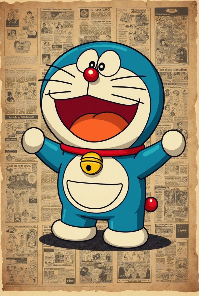 retro comic collage style
「Doraemon standing in a retro collage background，Blend Vintage Comic Book Pages、Yellowing Newspaper Textures与手绘贴纸，背景点缀Showa Era Toys、adhesive tape和邮票元素，Warm Color Fading Effects，pop art style拼贴， 8K details ，--ar 3:4」
Showa Era Toys、adhesive tape：Enhances the realistic sense of retro collage 4。
Yellowing Newspaper Textures：Create a Sense of Time Settling，Recraft-like film filter effect 4。
pop art style：Refer to Midjourney's pop art case，Enhances color contrast and graphic design 2。
