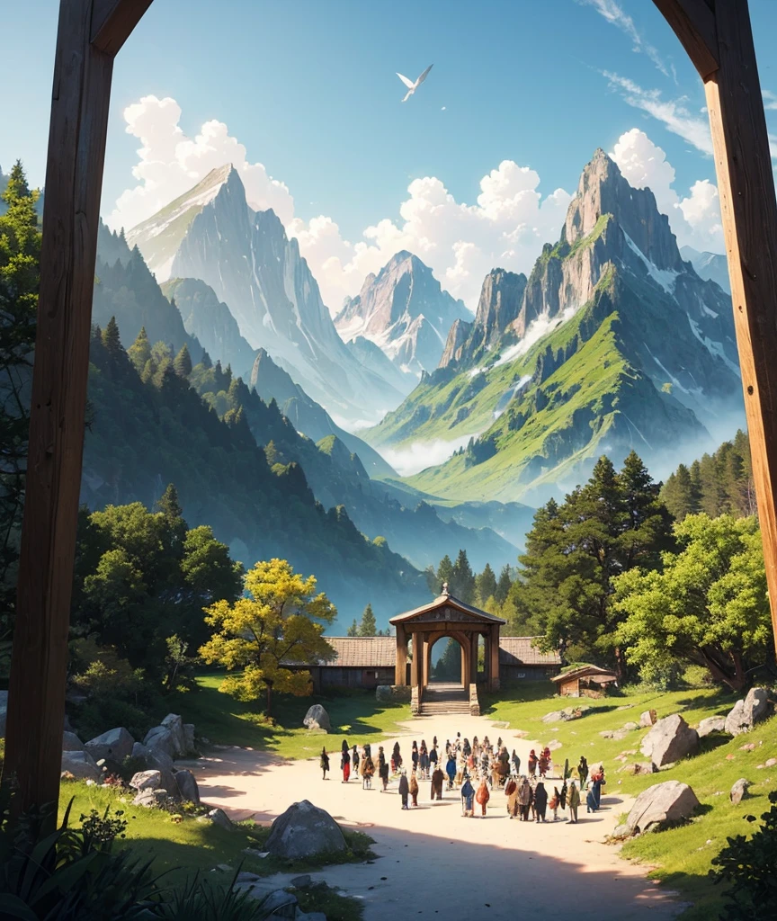 “Heaven and Earth Worship” • Nature scenes (mountains, oceans, trees) and people of all nations worshipping together. • Inspired by verses like Psalm 148 or Revelation 7:9. make it the best with good elements DRAWING