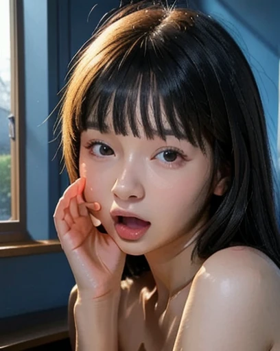 (Real: 1.5, Tabletop: 1.5, 8k), (Top Quality, Masterpiece, Ultra High Resolution), Perfect Dynamic Composition, Professional Camera Work: 1.4, Highly Detailed Skin and Face Texture: 1.3, Mysterious Portrait: 1.3, Glow Light Effect, Ultra Detailed, Alone Girl, ((Night View from Inside a Building, Pitch Black Room: 0.9, Night Moonlight Shining Through Glass)), ((Fully Naked)), Model Body, Clear Face, (Beautiful and Attractive Eyes: 0.9, Dreamy Expression: 1.0, I Love You with all my Heart: 0.8, Beautiful Erotic Taste: 0.7), (Wet Dark Brown Bob Cut), Candle, Big Breasts, Necklace, (Sitting on Bed, Sitting Cross-legged), ((Attractive Features)), Bed, Bedroom, Covered Nipples, ((Blush: 1.37)), No Panties, No Bra, Hands Close to Mouth, open mouth