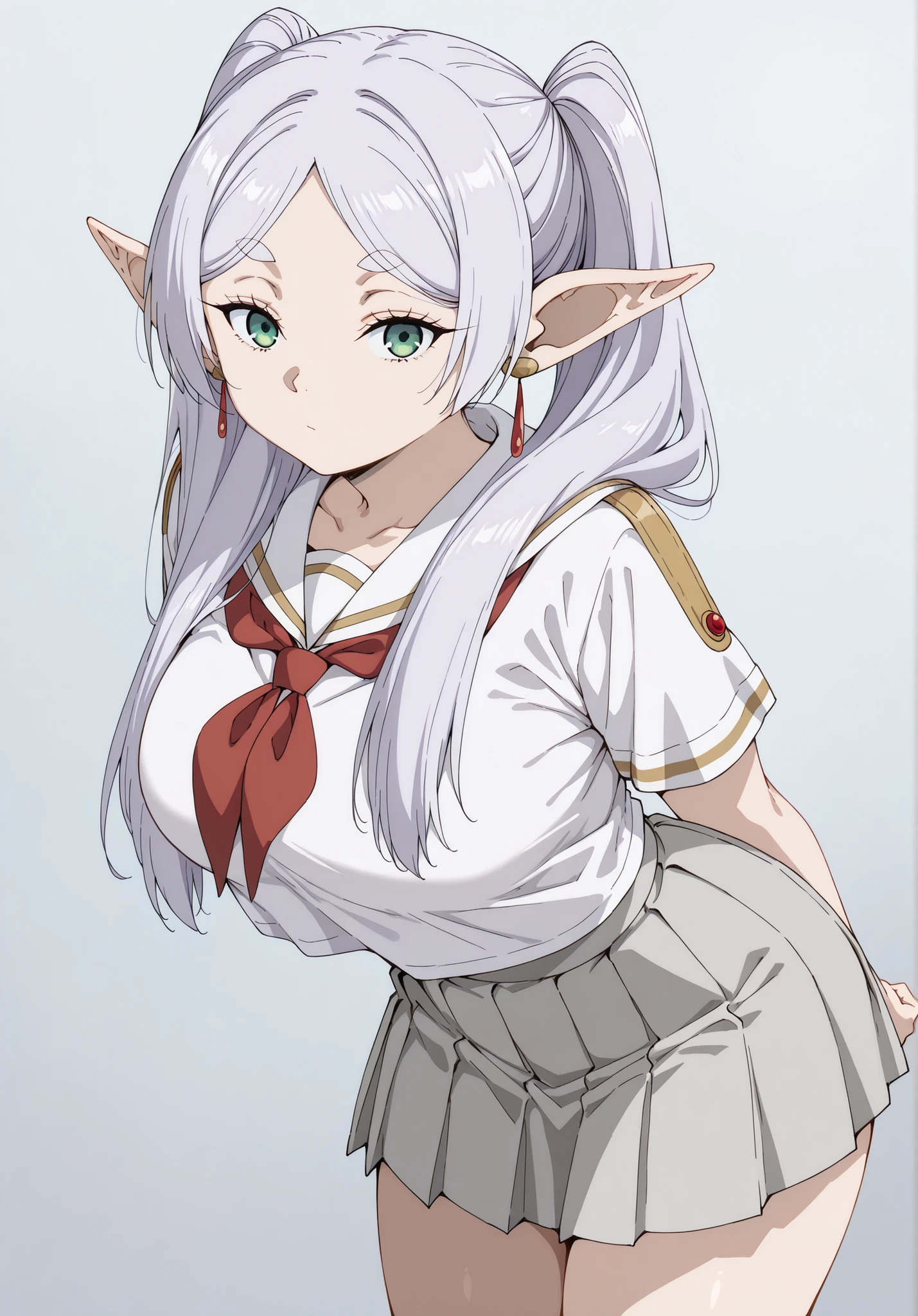 score_9, score_8_up, score_7_up, source_anime, 4K,perfect fingers,(perfect hands, perfect anatomy),prefect lighting, very aesthetic, intricate details,highly detailed background, masterpiece, high quality, best quality,
Solo,((1 female, Frieren, 21 years old)), (pointy ears, elf,), ((long hair, twintails)), ((Gray Hair with twintails, )), thin eyes open, green eyes, cute, female, woman, feminine, large breasts, mature female,
wearing ((grey skirt, neckerchief, pleated skirt, red neckerchief, school uniform, serafuku, shirt, short sleeves, skirt, white shirt, uranohoshi school uniform, )),,
looking at viewer, standing, ((leaning forward:1.2)), ((arms behind back:1.4)), Dark gray background,