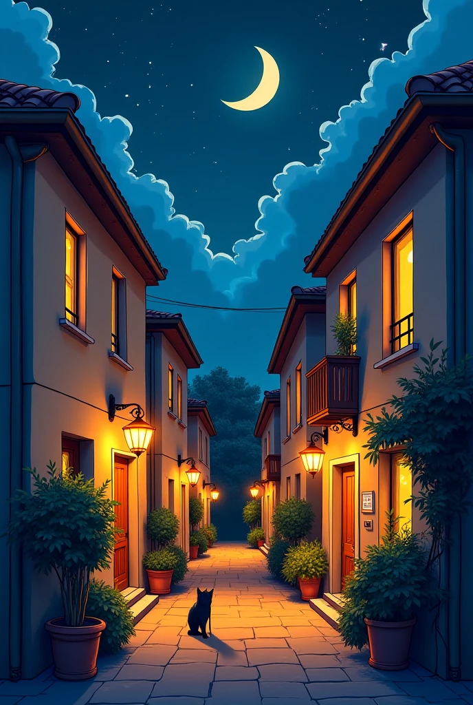Draw a night neighborhood alley with the building facing each other make many houses facing each other with the lights yellow orange cozy lights make it with French style the sky full wi starts and half moon with clouds in them make some flowers pots are the doors of the houses with a cat walking in that alley with 0 point perspective draw it with retro anime cartoon style 