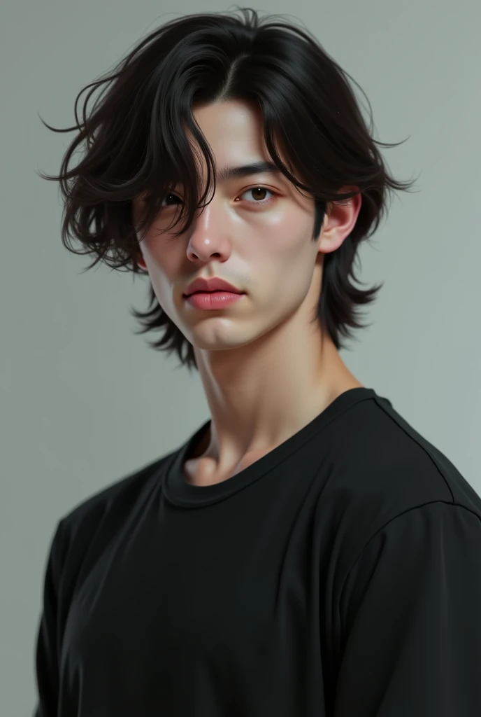 Creat chracter. A young man with long hair, black t-shirt 
