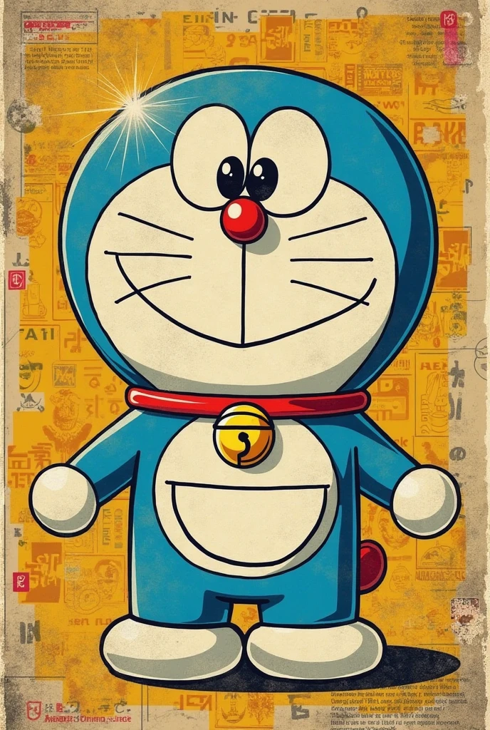 retro comic collage style
「Doraemon standing in a retro collage background，Blend Vintage Comic Book Pages、Yellowing Newspaper Textures与手绘贴纸，背景点缀Showa Era Toys、adhesive tape和邮票元素，Warm Color Fading Effects，pop art style拼贴， 8K details ，--ar 3:4」
Showa Era Toys、adhesive tape：Enhances the realistic sense of retro collage 4。
Yellowing Newspaper Textures：Create a Sense of Time Settling，Recraft-like film filter effect 4。
pop art style：Refer to Midjourney's pop art case，Enhances color contrast and graphic design 2。