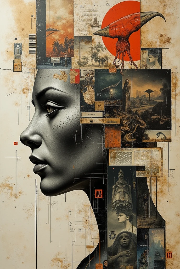 (close-up: 2.0), (Collage art: 1.5), various pictures and text pasting images on the paper of many images, each picture overlaps the others, some torn, science fiction, prehistoric, anatomical drawings, each picture overlapping each other, some torn.