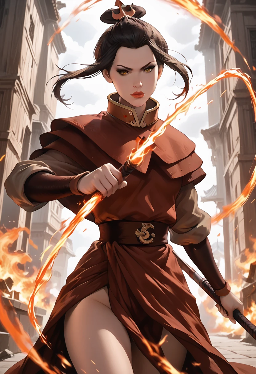 nsfw, princess azula, thighs, revealing, fire whip, detailed portrait of a beautiful anime-style princess with deep amber eyes, dark eyeshadow, and a confident expression, wearing a revealing red and black outfit that highlights her toned thighs, wielding a fiery whip in an intense pose, cinematic lighting, dark fantasy, digital painting, 8k, high resolution, hyper detailed, photorealistic, vibrant colors, dramatic shadows, moody atmosphere