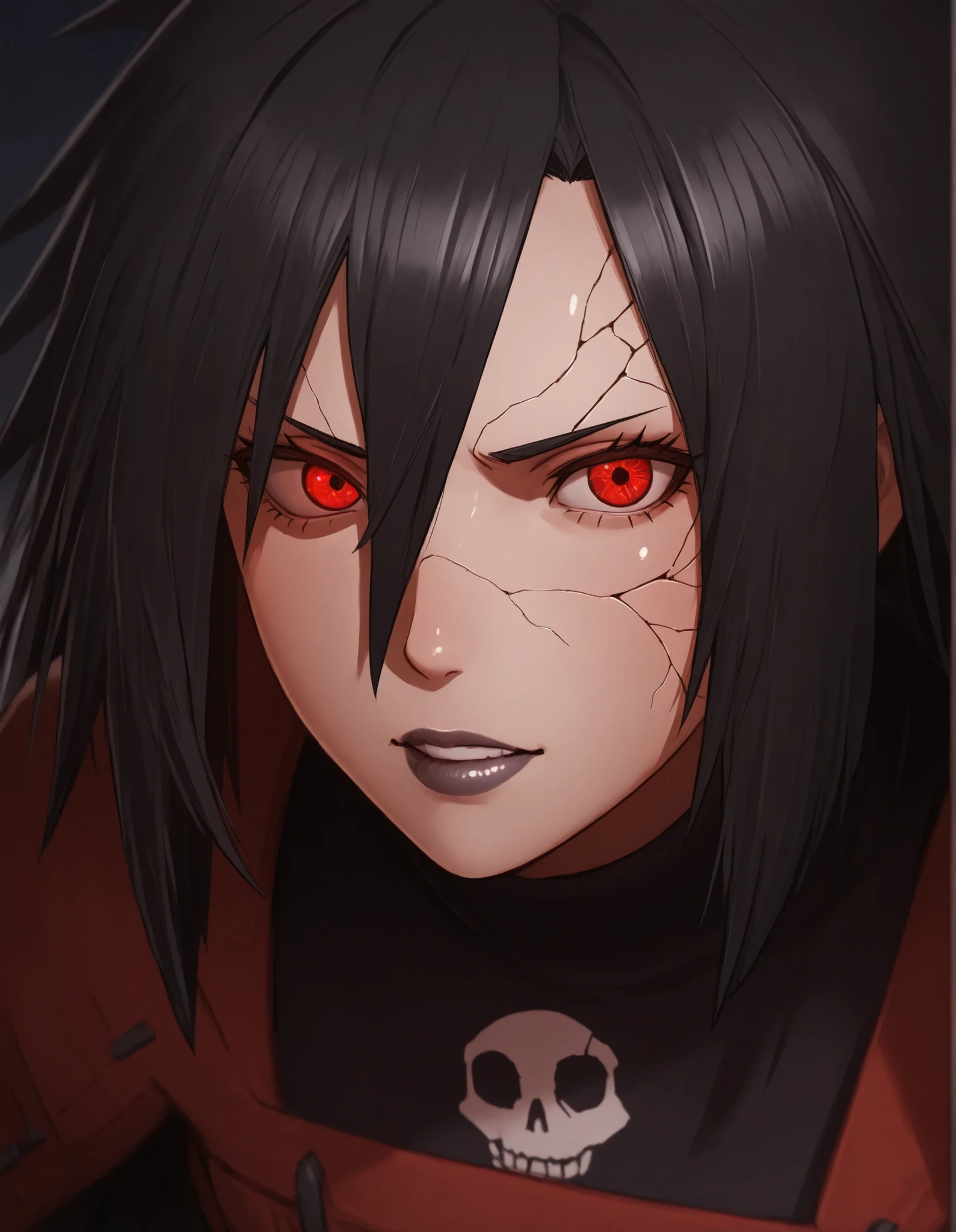 Madara Garota, sorria, abra a boca, black hair 1,2, pele bonita: 1.4, Sharingan red right eye and Rinnegan purple left eye, shiny lips, Long and elegant fingers, Feminino, detailed faces, Cracked Face and Attractive Bodies, erotic, Skeleton style, Plaid miniskirt, red and black clothes, sucubo, close-up do rosto: 1.2,  intimate lighting ,  Dramatic Cinematic Shadows, 8k, HD, very aesthetic, Best Quality, obra-prima.