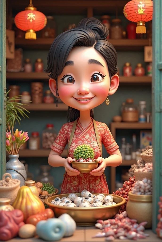 Create 3D caricature of Vietnamese woman selling groceries in 1 room .  cosmetic , confectionery on the cupboard . Snails and fish in brass to the ground