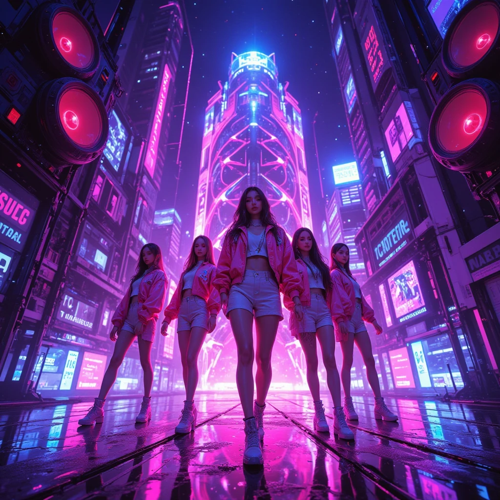 8k , 傑作 , 最高品質, ローアングル, close-up,  女性, ぼやけた背景, A futuristic neon-lit city at night, glowing with vibrant purples, pinks, and electric blues. In the center, a confident, stylish girl group in shimmering outfits dances under a spotlight, surrounded by holographic lights and abstract soundwave patterns. The background features a DJ booth floating mid-air, giant speakers pulsing with bass, and stars blending into city lights. Glitter, sweat, and motion trails enhance the energy. No crowns, no jewels — just raw charisma and radiant beauty. A dreamy, cinematic vibe like a blend of K-pop, cyberpunk, and dancefloor magic. High contrast, glowing accents, vibrant atmosphere, album cover style.