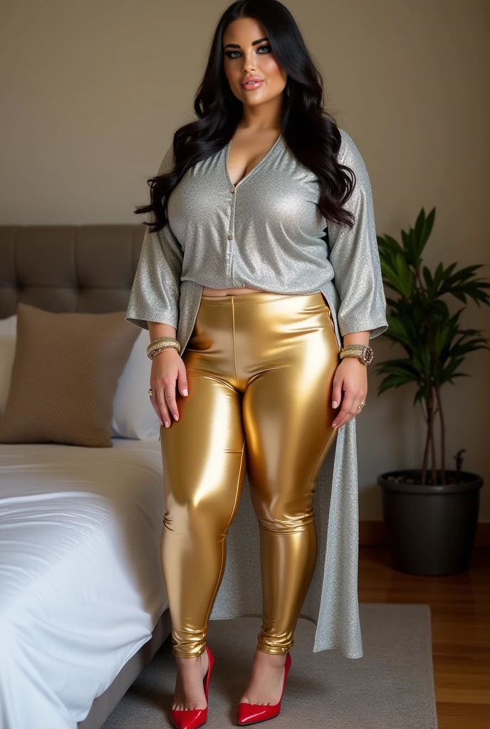 Office scene, A radiant, full-figured South Indian plus sized 35 year old aunty wearing a cream colour glittered short party skirt and black blouse, captured in a full-body image with vibrant hues and meticulous details. Full body image