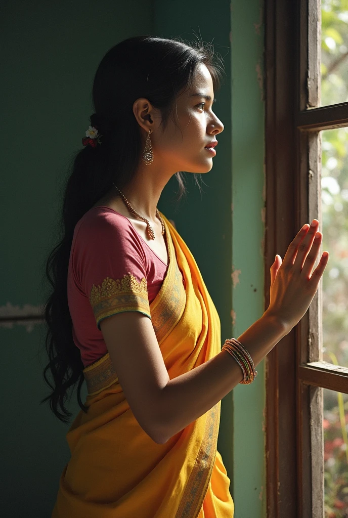 Indian , sleeveless saree , tying hair