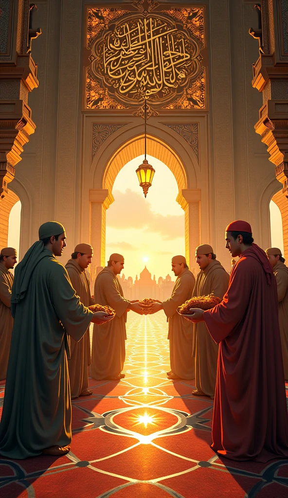 "Quran verse visual: Surah Al-Hashr (59:9) beautifully written, with a background of selfless Muslims giving food despite hunger — illuminated manuscript style"

