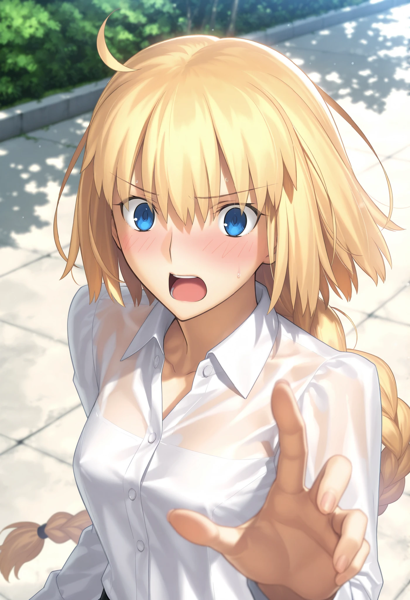 masterpiece, , absurdres, highres, detailed background, high resolution, masterpiece, necessary, detail, best quality, quality, necessary, details, High details, Precise, outdoors, (dappled sunlight), day, lens flare, blurry background, ((from above)), upper body, , solo, ,
1girl, , Takeuchi Takashi (type-moon,tsukihime) style, takeuchi takashi style, (reaching), ((flustered, confused, surprised)), ((Yelling out)), ,
tall girl, mature, jeanne d arc, \(fgo\), blue eyes, , jeanne d arc, blonde hair, medium hair, ( floating hair ), (open white dress shirt), ,big braid, single braid, small breasts, underwear, looking at viewer, ,light see-through, concrete, light open mouth , ,