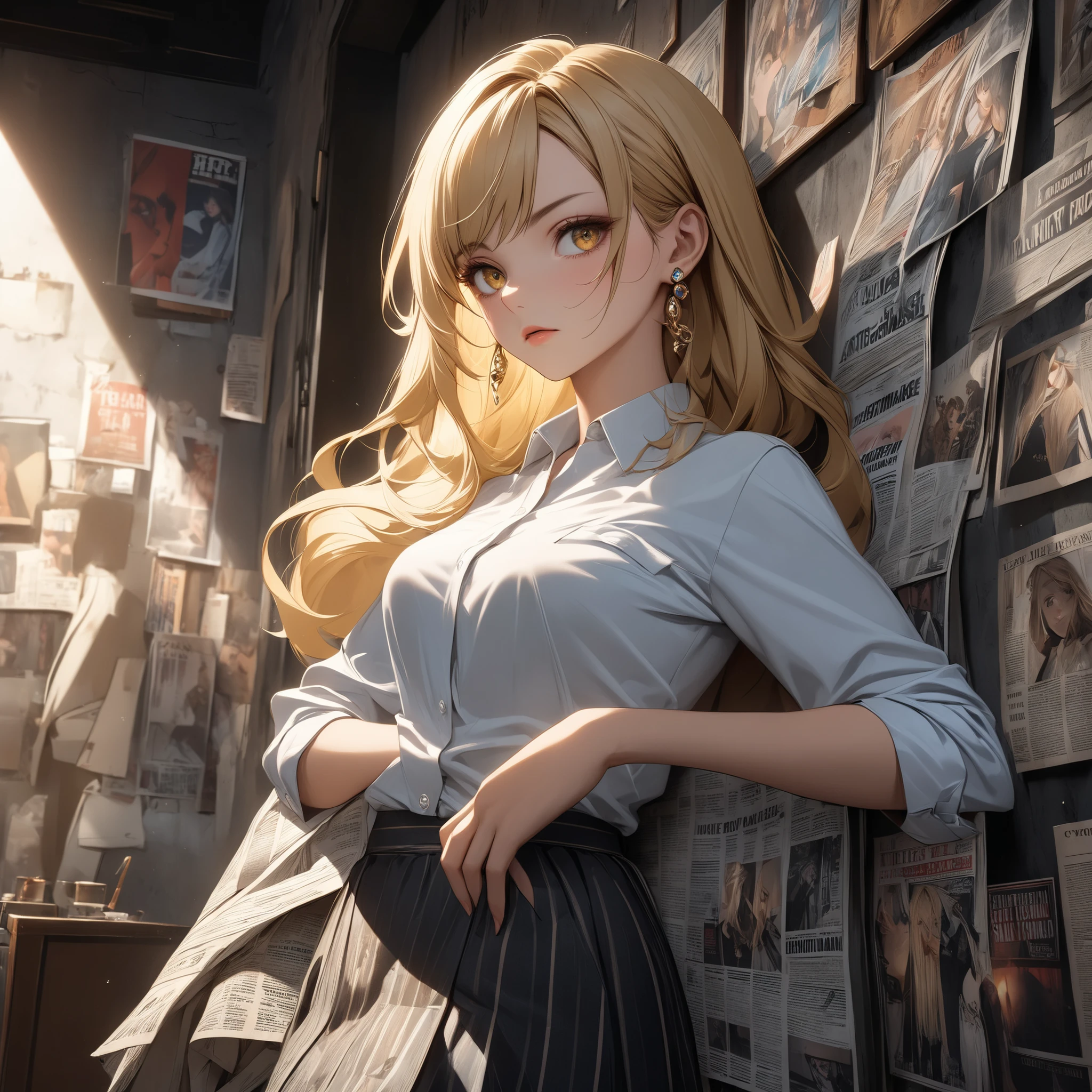 ((extreme quality)), ((Masterpiece)), ((Enrich the picture，Masterpiece level quality)), blonde hair, long hair, ??????????????, golden eyes, fierce woman, ultra eyes details, RAW 4K, Realistically , ((great effect to highlight the subject)) , ( cinematic lighting, moody, textile shading), perfect proportions, ultra detailed, volumetric lighting, soft lighting, glossy skin, beautiful face, Special face details, strong emotions, elegant gesture, Detailed facial features, Long eyelashes, contrast, Incredible atmosphere, Fascinating setting, Haunting beauty , ear rings, (( English newspaper [The Times], fashion pose, cool pose, vintage fashion, vintage shirt, vintage skirt, vintage suit, Retro Collage Revolution！Explode art that breaks common sense with magazine clippings and vintage materials, newspaper on the wall, wall background, a lot newspaper, lean ????????????????, street, street wall, poster on the wall,