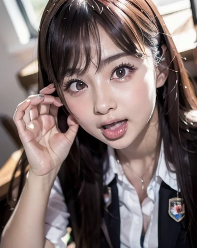 Tabletop,,Awards - Winning Photos, Very detailed, Close up of a laughing face、Keep your eyes clearly focused, Nose and mouth,Face Focus, Asian woman with open mouth and closed eyes, Face Focusの接写、15 years old,Black hair ponytail、Japanese Uniform、Symmetrical face,Realistic nostrils、Angle from below、Elongated C-shaped nostrils、Sweaty skin、Skin shiny with sweatを強調する照明、((Sharp Nose))Skin shiny with sweat、Shiny skin、Big eyes、double eyelid、(My tongue is wet and shiny) ((Wet tongue)) ((Berokisu)), Make a ring with the fingers of your right hand、Ahegao、Tongue out、長いつややかなWet tongue、