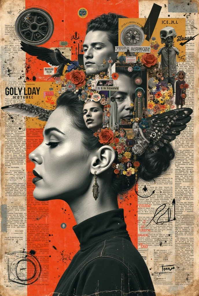 (top quality, ultra-precise, 8K resolution , collage art style, Retro aesthetic, vintage magazine cutout, surreal and experimental composition, Analog Textures, Paper Edges, Torn Elements, 1960s and 70s color palette, Various visual mixes, Overlapping Faces, abstract body parts, old advertisement text fragment, grainy newsprint overlay, Impact of Pop Art, tape and glue effect, Cultural Iconography, Random Objects, hand drawn doodle and arrow, Old Diagrams, Surrealistic Juxtaping, visual chaos with artistic intent, Punk Gin Vibes, Paper clipping shadows, Photomontage Energy, Rebellious Tones