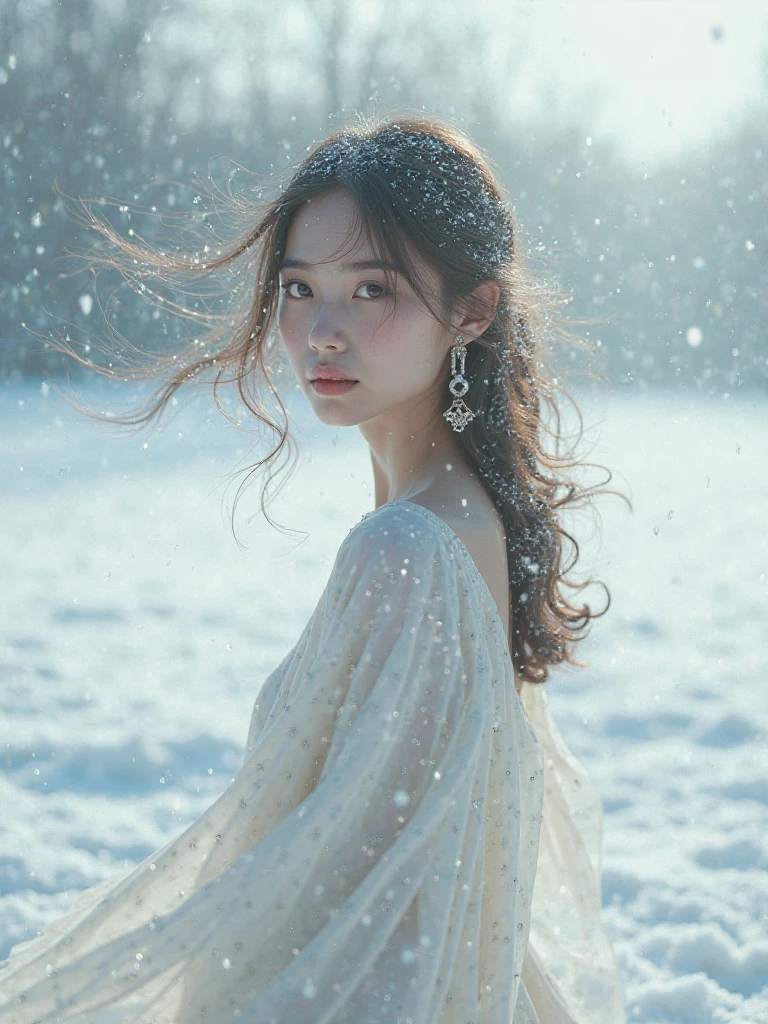 Girl whose hair is fluttering in the wind winter
