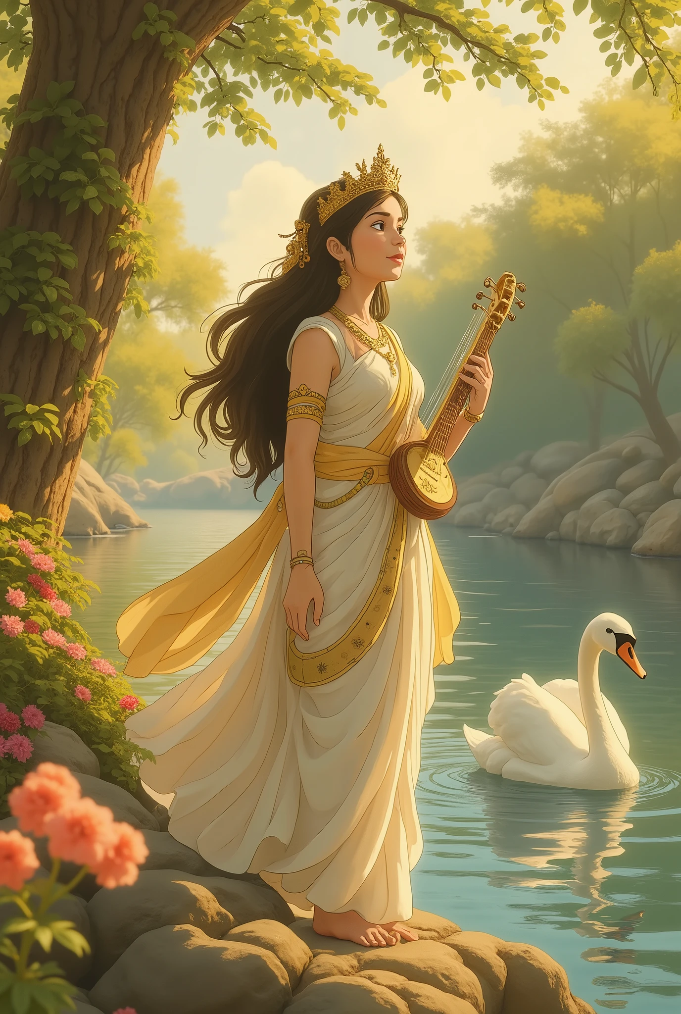 Ultra high definition, magical creature scene set by a serene riverside, where a beautiful goddess—Goddess Saraswati—stands in divine grace. She wears a flowing white and golden saree with a fully aesthetic, intricately embroidered blouse, a delicate crown adorning her head, and a radiant divine light aura glowing behind her. She holds a shimmering veena, her posture poised and graceful as celestial melodies seem to echo through the air.
The atmosphere is peaceful and enchanting. The river sparkles with magical light, surrounded by seven-colored flowers blooming in a soft, balanced pink-toned flower field. Lush vines wrap around shadow-kissed trees, and the air shimmers with cool colors and digital fantasy realism.
A majestic, beautiful swan floats in the river, pondering quietly, its feathers glistening like pearls. The entire scene blends CG society trend with digital fantasy realism—ultra sharp 8k octane rendering, intricate design, magical atmosphere, and wondrous vibes. No humans appear except the goddess—pure serenity, divine wisdom, and harmony captured in the world's most stunning artwork. (((Perfect veena))) (((perfect golden crown)))