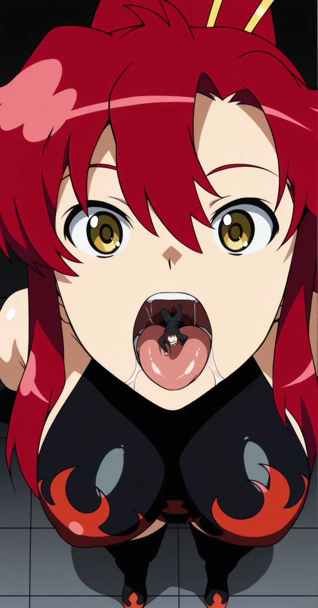 Erza, red hair, 1girl, hair over one eye, long hair,animerza, looking at viewer, , brown eyes ,masterpiece, best quality, , (close-up), blush, open mouth, big mouth, tongue, tongue out, close up, saliva, uvula, uvula, mouth focus, excessive saliva, hair one eye covered, room, indoors, angry, large tongue, long tongue, huge mouth, brown eye