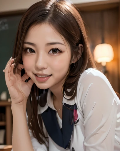 bright表情、Realistic:1.32、Highest quality、Ultra-high resolution、最も美しい日本のgirlの写真、Cute and beautiful facial details、Small face、美しいbangs、14 years old、Shine, fair, Shine肌、Hair gets tangled in the face、(girl1Only people:1.3)、顔まで伸びるbangs、bangs、Hair between the eyes、Attractive brown silky hair、bright、彼女の澄んだ瞳は魅力的にShine、Cute pose、Highest quality、((世界一可愛いgirl))、Japanese、((Upper Bodyは裸:1.3))、((Ribbon tie around the neck:1.4))、(Low waist pleated mini skirt)、Newest Brands、(ponytail:1.3)、(Thin ribbon)、Nice and cute、An innocent smile、nice smile、Cleavage、Underarm、(Big Breasts:1.3)、(Showing erect nipples:1.5)、Brown Hair、Small waist、Beautiful eyes in every detail、View your viewers、Upper Body、Face close-up、Front view、Bedroom