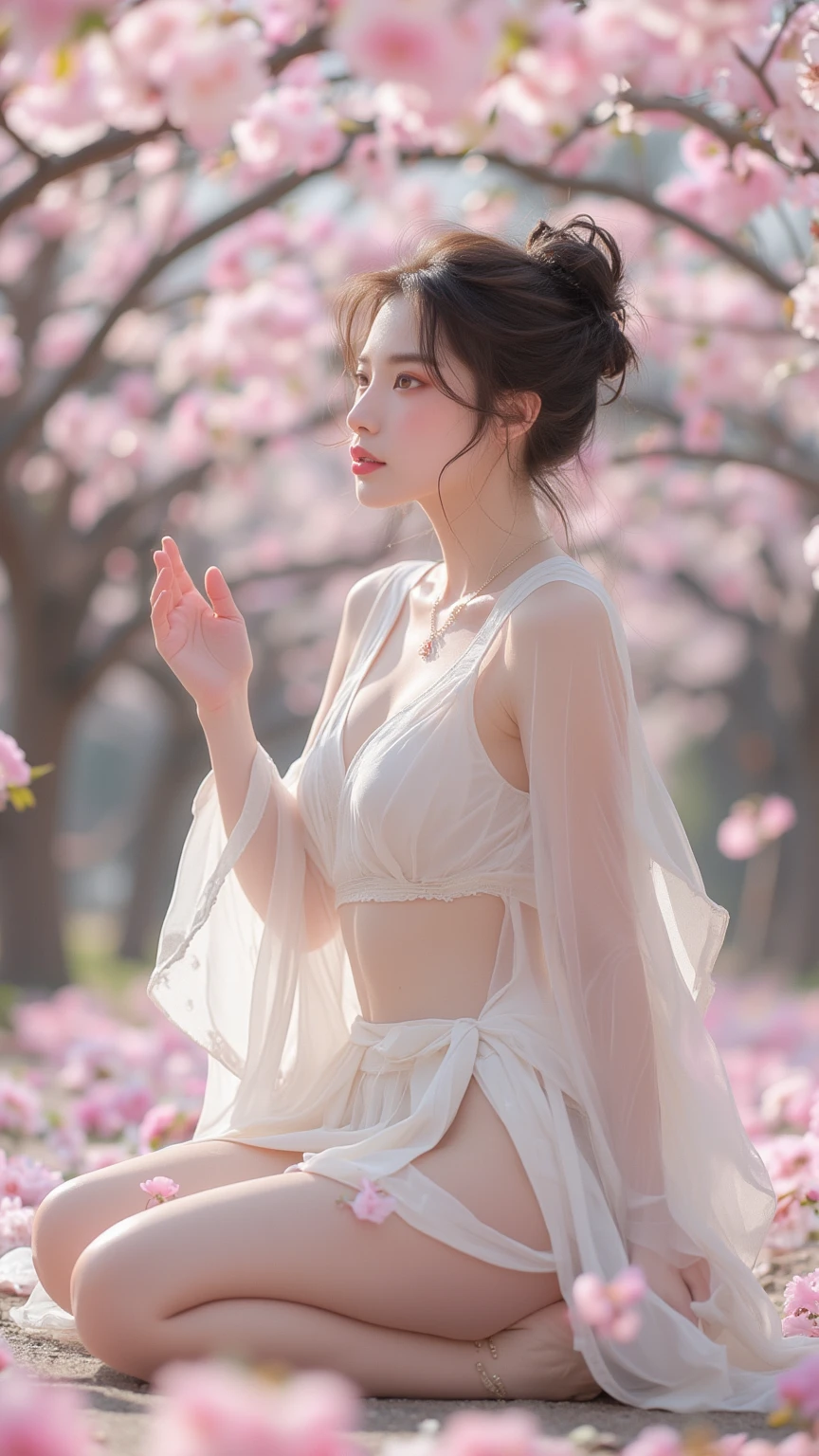 baggy clotheshoulders、Navel ejection、How to wear a skirt if the dark suspender tie broken、Decorated with intricate patterns and pastel colors、Transparent material,Leave skin glowing、Artistic depiction of woman wearing wet cotton and transparent skin robe, Floral fantasy pattern paired with silky translucent skin。Her dress hugged her curves elegantly、Emphasize her captivating silhouette。She the gentle night of fireworks、dynamicposes、lacivious pose、Bask in soft moonlight。The scene 、With a touch of mystery and sensibility、Exudes an ethereal and dreamy atmosphere。Image style 、It combines watercolor and digital illustration techniques.、Let you feel the exquisite beauty and charm。soft moonlight lighting、Casts soft highlights and shadows on her stunning features。dynamicposes、reach somewhere、see through、show through、Youn、Petals under the cherry blossom tree、Sakura NS、(cherry tree:1.5)、Sakura blizzard、funereal、Clean skin、dra、Translucent clothes、Upper body、garter net、the huge moon、Upper body photography、