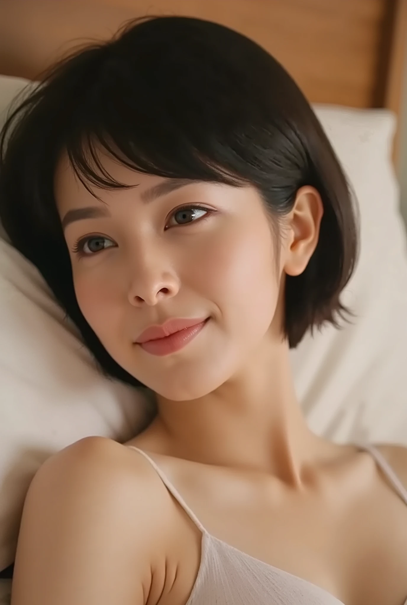 (( top quality )), ((masterpiece)), ( details), Japanese woman, first person view , the woman is sleeping on her back , sexy,( in the bedroom),((( abnormally large breasts , underwear, short bob hair))), black hair , (( Pregnant women , without makeup, small eyes))