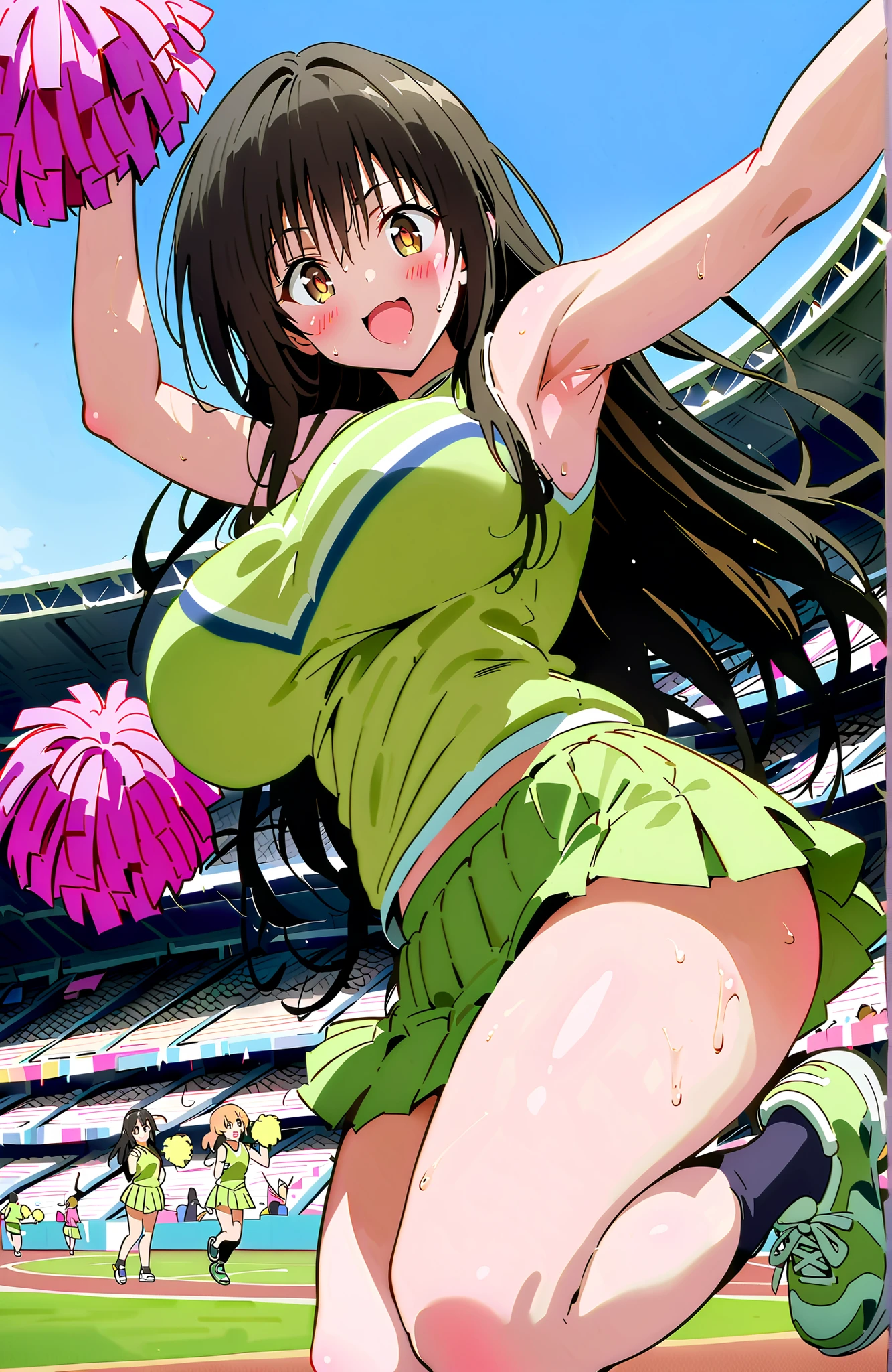 yuikotegawa,  Yui Kotegawa , black hair, brown eyes in the oral vagina,Glowing Skin, long hair,smile,blush,open your mouth,Big Breasts,breasts are shaking,(Cheerleading), (full body),  on chest, (sweated), sweated Wet Clothes, (green clothes),sleeveless, pleated skirt,black socks,sneakers, after aw, playground, (jump), (jump), 両足を曲げてjumpする, blue sky,  Compa, smile,cheerleader, Pom-pom \(Cheerleading\) real hair ornaments,audience,full bodyがイラストに入るように,break looking at viewer,full body
break outdoors, stadium,,
break (masterpiece:1.2), best quality in bronze, high resolution, Unity 8Kの壁紙, ( illustration :0.8), (beautiful detailed eyes:1.6), highly detailed face, perfect lighting, highly detailed CG, (perfect hand, perfect anatomy),
