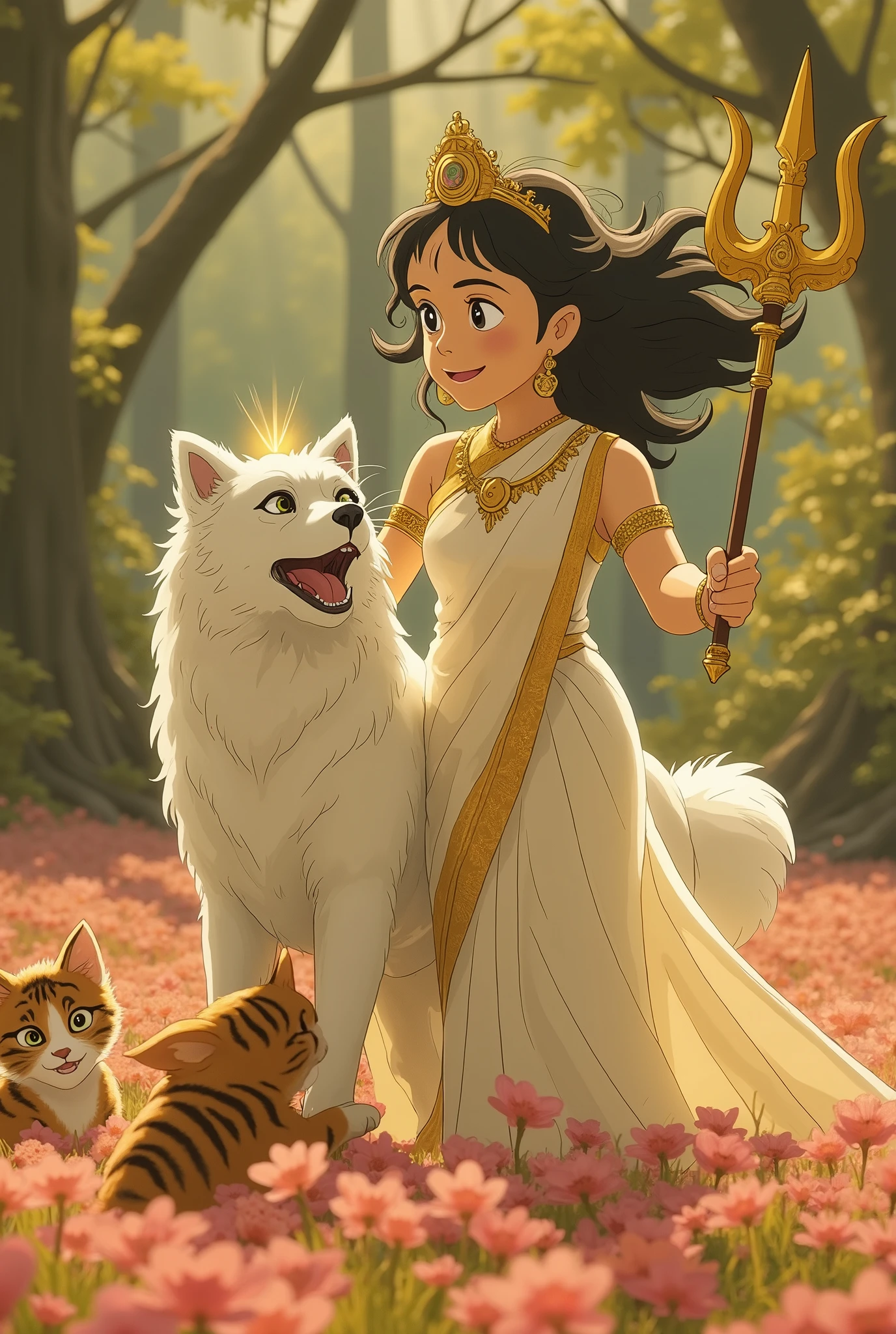 Ultra high definition, magical creature scene featuring a majestic white dog and a tiger-striped cat playing together in a vibrant, enchanted forest. Surrounding them is a beautiful goddess with divine grace, wearing a flowing white and golden saree with a fully aesthetic, intricately embroidered blouse (((black hair ((black hair)) crown on head, divine light aura behind her head)) ((goddess of strength))) She holds a shimmering trishul (((trident)) ((trishul trident)) with ethereal energy. The forest is alive with seven-colored flowers blooming in a soft, well-balanced pink-toned flower field, wrapped in lush vines and shadow-kissed trees. The air shimmers with cool colors and magical light, blending CG society trend with digital fantasy realism. No humans except the lady. Ultra sharp 8k octane rendering, intricate design, magical atmosphere, wondrous vibes, the world's most stunning artwork. The animals gather around her as if drawn to her divine aura—peaceful, enchanted, and harmonious.