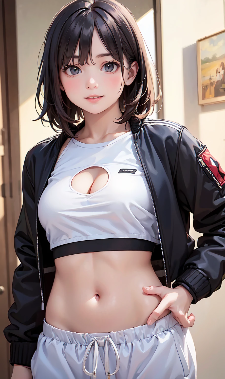 (masterpiece), (highest quality), (detailed), Light Layer, 1 Solo Girl, Young girl, Perfect body, Purple curly hair, Defined large breasts, Small waist,Prominent clavicle, Ultra-realistic, Realistic, detailed, ,Strengthen, Wearing an anime shirt and bike shorts, Living Room Background, Sitting on the couch