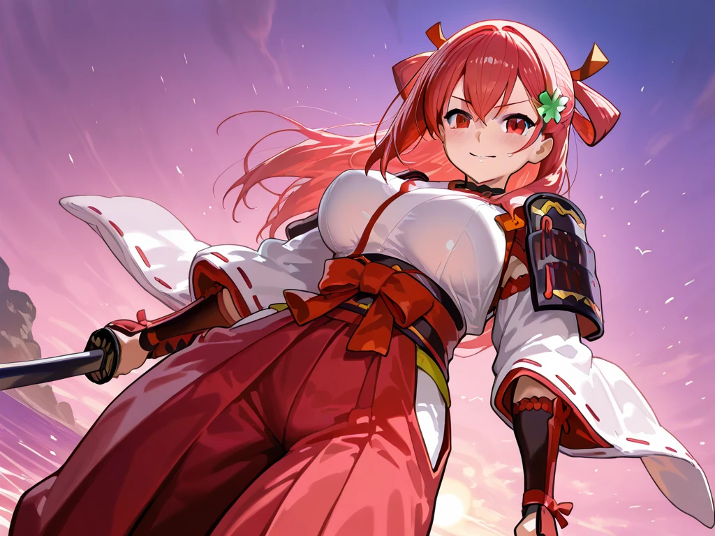 One girl, alone, Long Hair, King Kongu (Kantai Collection),Sakura Miko, Pink Hair, Double Bang, Purple eyes, Hair Bun, Ahoge, Open your mouth, Non-traditional Shrine Maiden, Removable sleeves, Brown eyes, White Background, (headgear):2, (Hair Bunド):2, smile, Sleeves edged with ribbon, Simple Background, kimono, Ribbon trim, View your viewers,  username, Upper Body, Wide sleeves, :d, King Kong