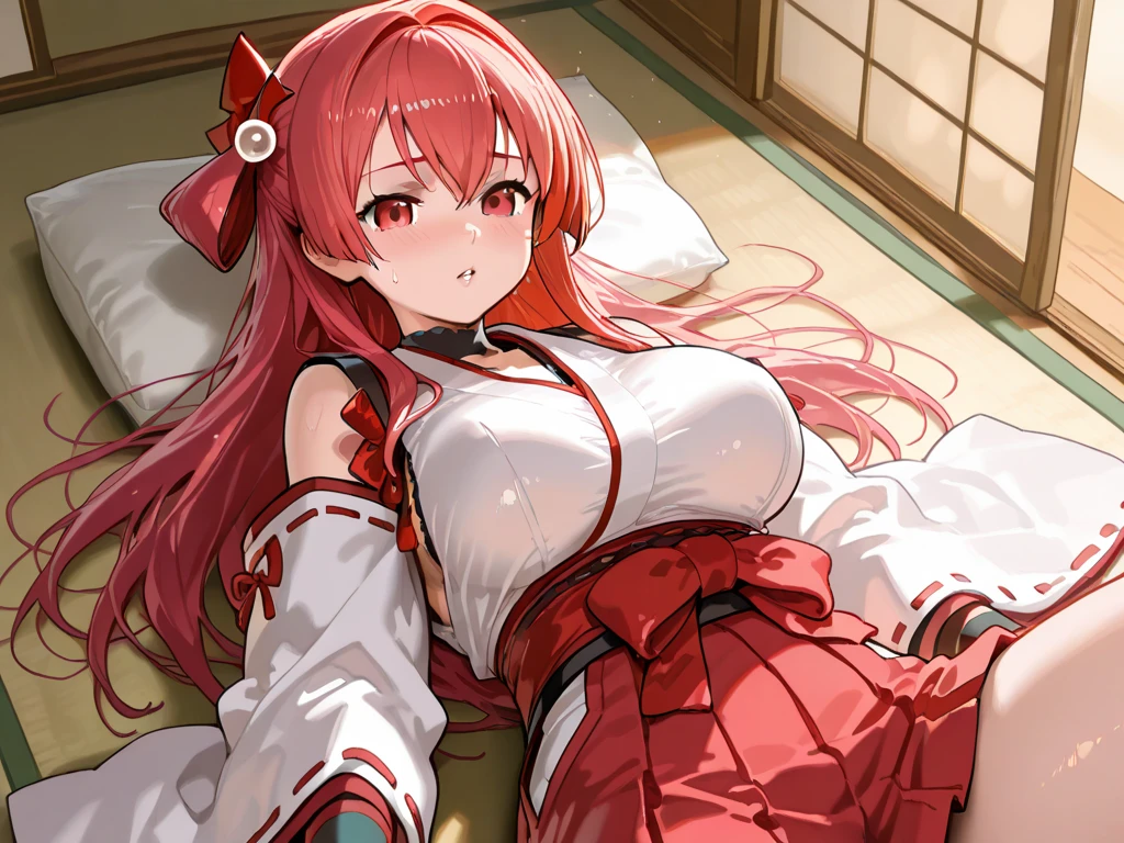 1 girl in、(Erika)Pose in front of the camera、(looking at viewert:1.2)、A smile、length hair、((shrine maiden clothe))、Bedroom、((pantyhose))、((a miniskirt))