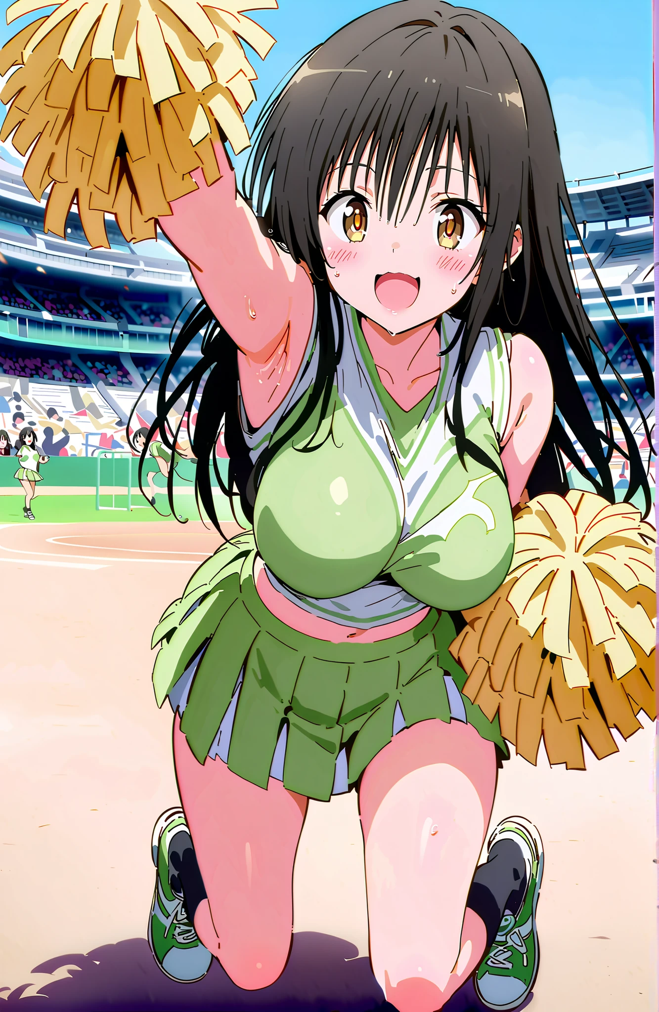 yuikotegawa, Yui Kotegawa , black hair, brown eyes in the oral vagina,Glowing Skin, long hair,smile,blush,open your mouth,Big Breasts,breasts are shaking,(Cheerleading), (full body), on chest, (sweated), sweated Wet Clothes, (green clothes),sleeveless, pleated skirt,black socks,sneakers, after aw, playground, (jump), (jump), 両足を曲げてjumpする, blue sky, Compa, smile,cheerleader, Pom-pom \(Cheerleading\) real hair ornaments,audience,full bodyがイラストに入るように,break looking at viewer,full body
break outdoors, stadium,,
break (masterpiece:1.2), best quality in bronze, high resolution, Unity 8Kの壁紙, ( illustration :0.8), (beautiful detailed eyes:1.6), highly detailed face, perfect lighting, highly detailed CG, (perfect hand, perfect anatomy),